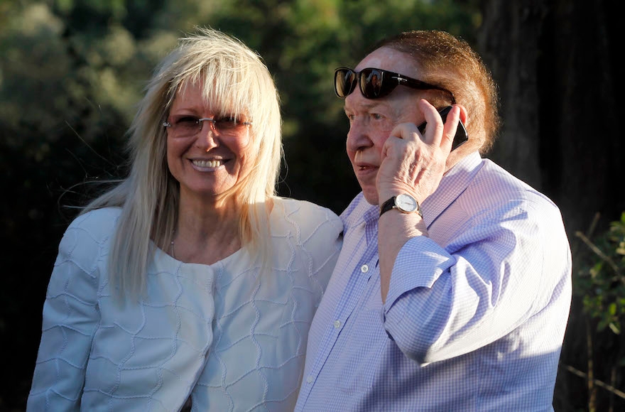 Miriam and Sheldon Adelson arrive in Jerusalem to hear 2012 Republican presidential candidate former Massachusetts Gov. Mitt Romney deliver foreign policy remarks on July 29, 2012. (Lior Mizrahi/Getty Images)