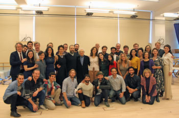 Lyricist Sheldon Harnick, center, and the cast of "Fiddler on the Roof" at New West 42nd Street Studios. (Lindsay Hoffman/Jeffrey Richards Associates) 