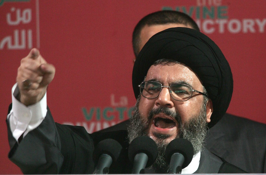 Hezbollah leader Sayyed Hassan Nasrallah speaking at a rally in Beirut, Lebanon, Sept. 22, 2006. (Salah Malkawi/Getty Images)