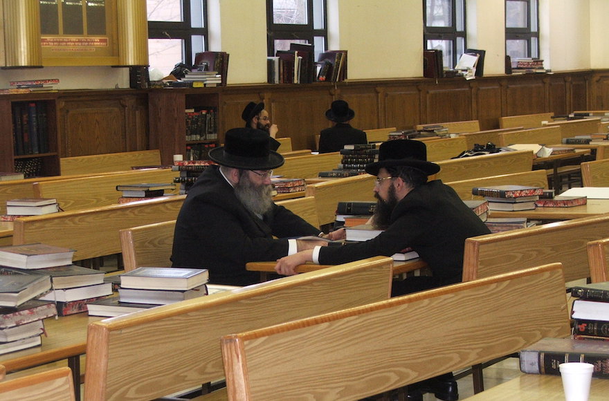 The beit midrash study hall in the Hasidic village of New Square, N.Y., is virtually empty on the afternoon of Christmas Eve, known as Nittel Nacht. (Uriel Heilman)