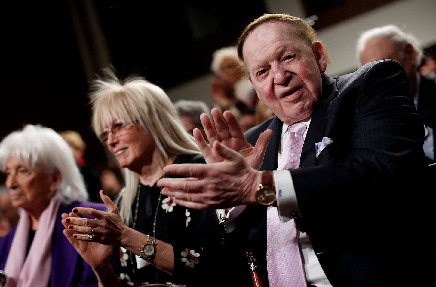 Sheldon Adelson, right, and his wife Miriam Adelson gave $40 million to the failed presidential candidacy of Newt Gingrich in 2012. The Adelsons have declined to support a Republican candidate so far in 2016. (Win McNamee/Getty Images)