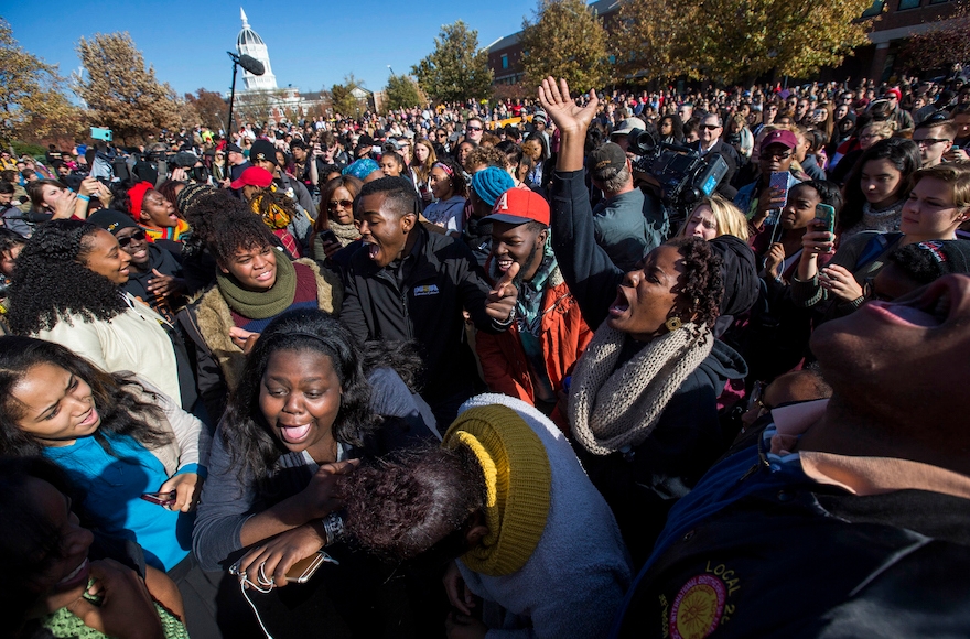 Protesters celebrating the resignation of University of Missouri President Timothy Wolfe, Nov. 9, 2015. (Brian Davidson/Getty Images)