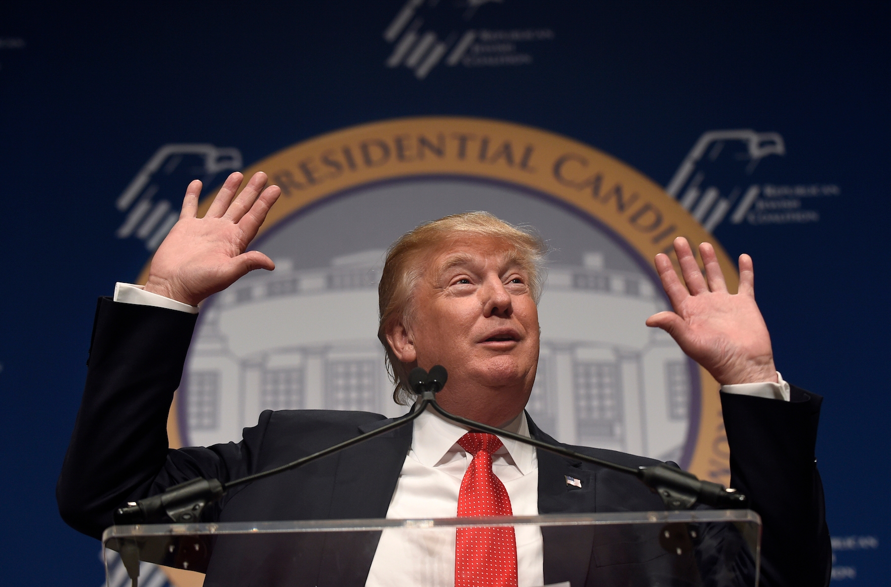 Republican presidential candidate Donald Trump speaking at the Republican Jewish Coalition candidates’ forum in Washington, Dec. 3, 2015. (AP Photo/Susan Walsh)