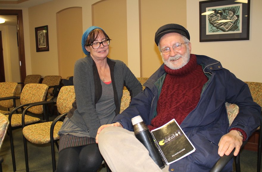 Ken Kowalchek and Jenny Rosenson, both regulars at Temple Israel in Portsmouth, New Hampshire, have opposing political views. (Uriel Heilman)