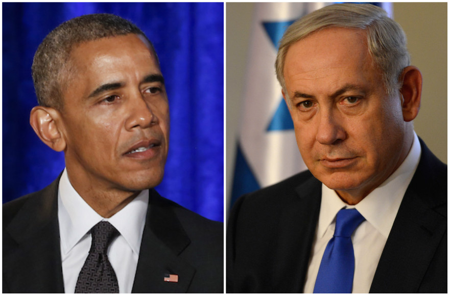 President Barack Obama speaking at the Righteous Among the Nations award ceremony at the Israeli Embassy in Washington, D.C., Jan. 27, 2016; Israeli Prime Minister Benjamin Netanyahu sitting ahead of bilateral talks with German Foreign Minister Frank-Walter Steinmeier in Berlin, Germany, Oct. 22, 2015 (Aude Guerrucci-Pool/Miriam May/Getty Images)