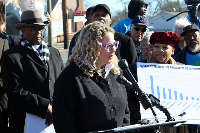 Rabbi Esther Lederman of the Union for Reform Judaism attends a protest against lax gunmaker controls over retailers in a Washington suburb on Tuesday Feb. 2 2016 (URJ)