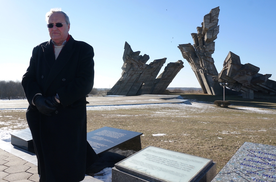 Nazi hunter Efraim Zuroff saying Kaddish, a mourning prayer, for Holocaust victims near Kaunas, Lithuania, Feb. 15, 2015. (Cnaan Liphshiz)