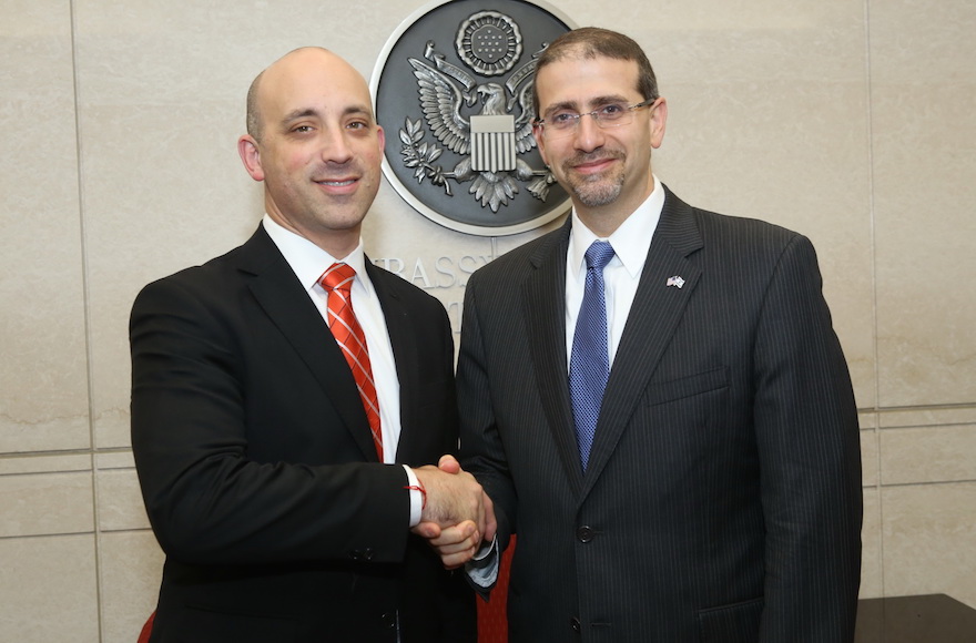 Jonathan Greenblatt, left, with the U.S. Ambassador to Israel Dan Shapiro at the U.S. Embassy in Israel, Oct. 2015. (Courtesy of the Anti-Defamation League)