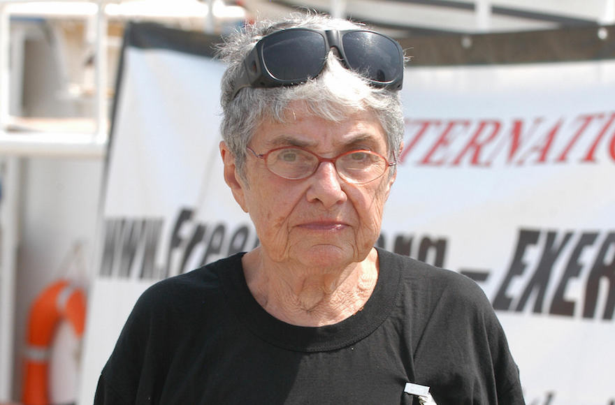 Holocaust survivor Hedy Epstein wearing a T-shirt with the Arabic slogan 'Gaza on my mind' encircled with a drawing of barbed wire, posing in front of one of the peace boats docked at the southern Cypriot port of Larnaca on their way to the Gaza Strip, Aug. 21, 2008. (Stefanos Kouratzis/AFP/Getty Images)