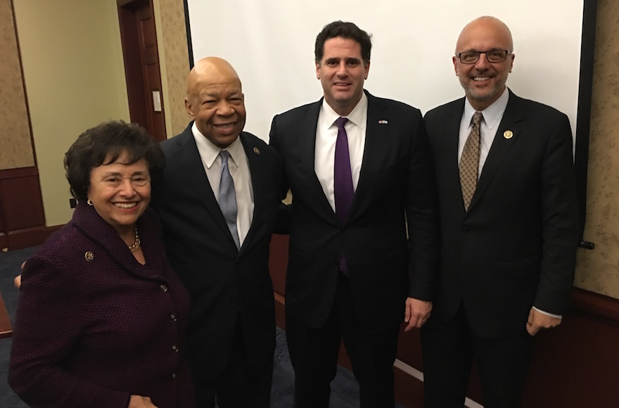 From left to right: Rep. Nita Lowey, D-N.Y., Rep. Elijah Cummings, D-Md., Israeli Ambassador Ron Dermer and Rep. Ted Deutch, D-Fla., marking Black History Month in the U.S. Capitol building, Feb. 24. (Ron Kampeas)