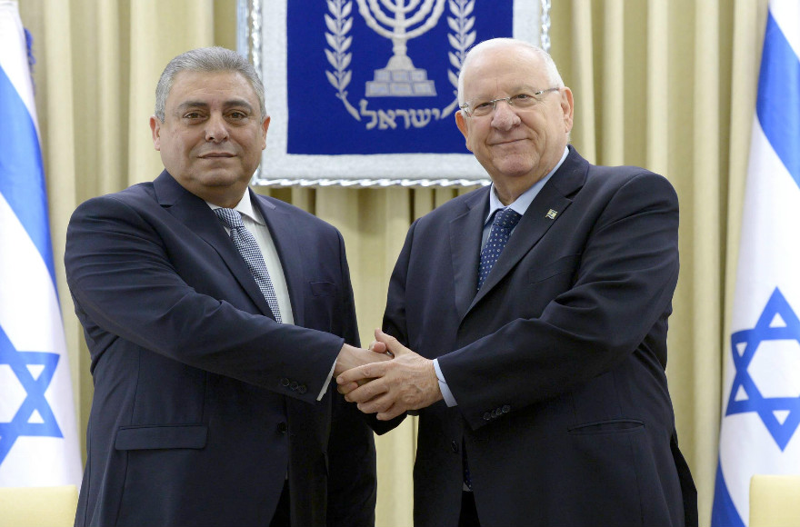 New Egyptian Ambassador to Israel Hazem Khairat, left, presents his credentials to Israeli President Reuven Rivlin on Feb. 25, 2016. (Photo by Mark Neiman, GPO)