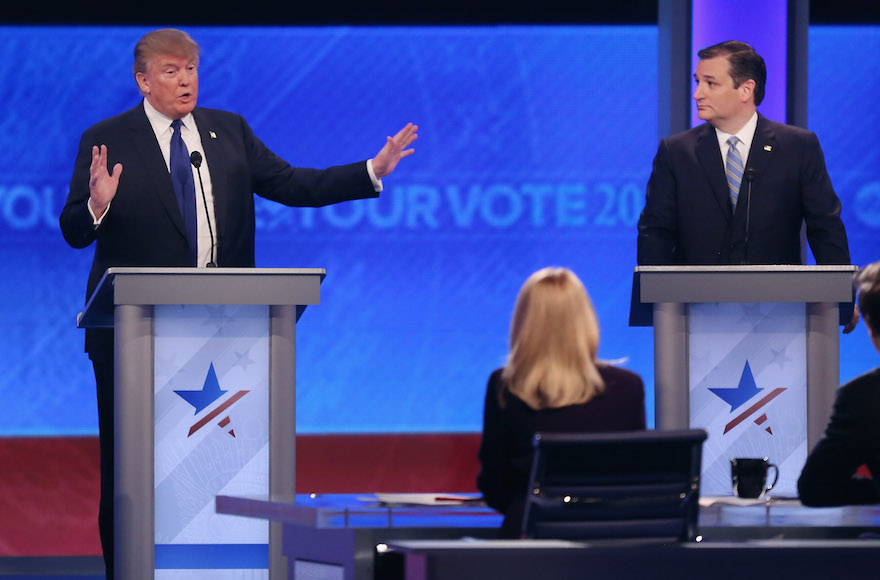 Donald Trump and Sen. Ted Cruz, R-Texas, participating in the Republican presidential debate at St. Anselm College in Manchester, New Hampshire, Feb. 6, 2016. (Joe Raedle/Getty Images)