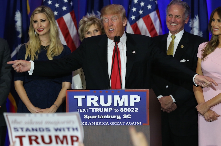 Donald Trump speaking following his victory in the South Carolina primary in Spartanburg, South Carolina, Feb. 20, 2016. (Spencer Platt/Getty Images)