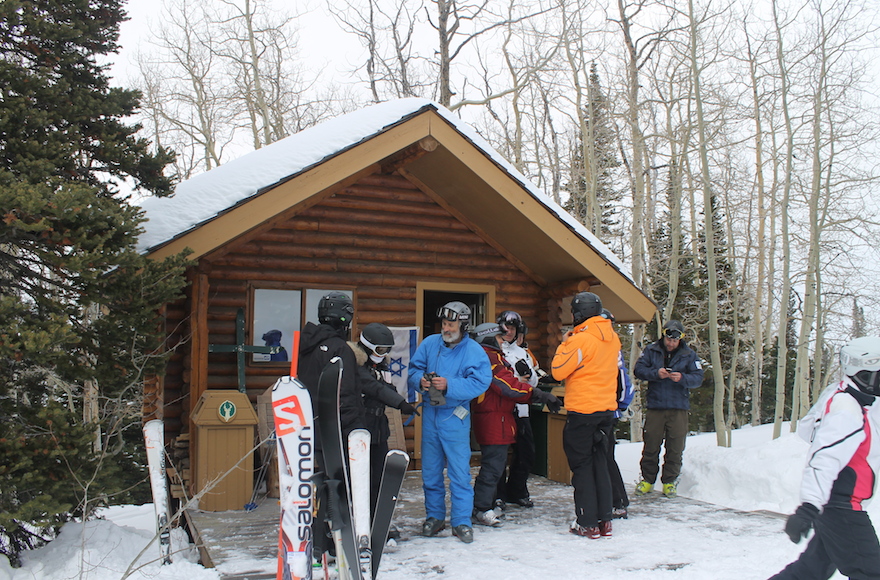 The Kabbalat Shabbat service at Deer Valley ski resort is located in the woods off an intermediate trail at elevation 8,800. (Uriel Heilman)