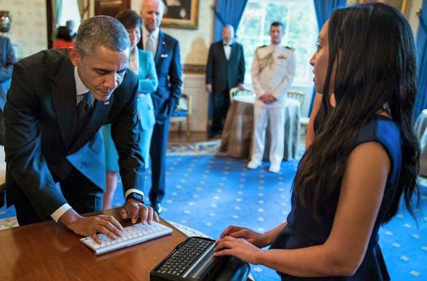 Haben Girma talking with President Obama at the White House 25th Anniversary celebration of the ADA in 2015. (Pete Souza)