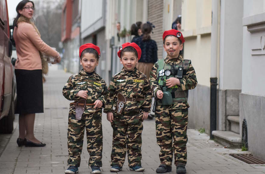 Jewish children in Antwerp, Belgium, dressed as soldiers on Purim, March 24, 2016. (Cnaan Liphshiz)