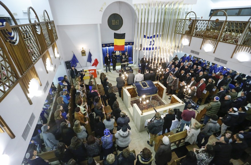A tribute ceremony in the Maale synagogue in Brussels days after the attacks on the Charlie Hebdo newspaper and the Hyper Cacher kosher market, Jan. 14, 2015. (Thierry Roge/AFP/Getty Images)