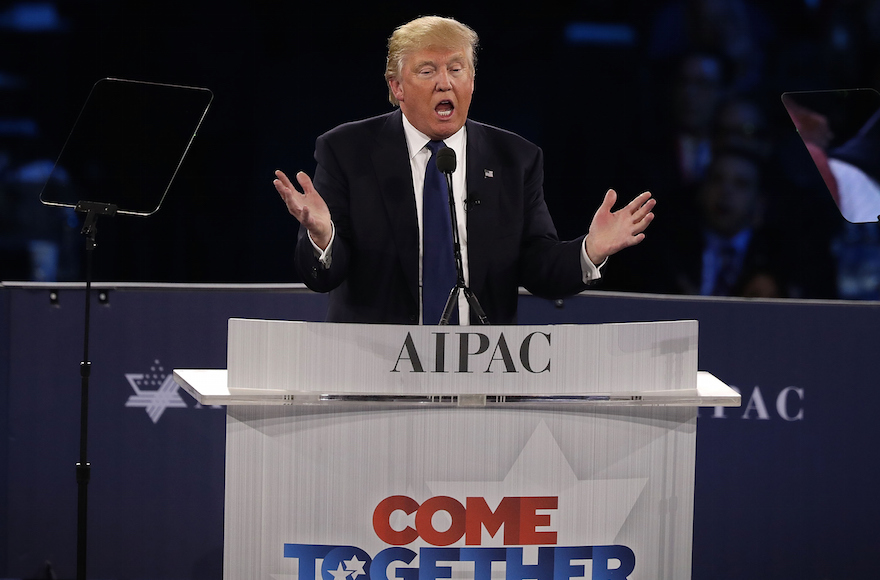 Donald Trump addressing the annual policy conference of the American Israel Public Affairs Committee in Washington, D.C., March 21, 2016. (Alex Wong/Getty Images)