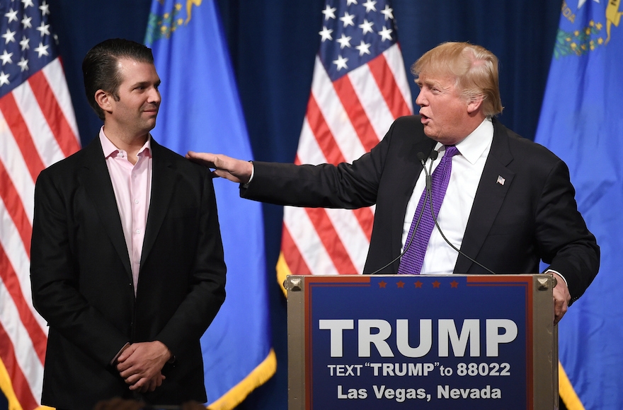 Donald Trump Jr. looking on as his father, Donald Trump, speaks at a caucus night watch party at the Treasure Island Hotel & Casino in Las Vegas, Nevada, Feb. 23, 2016. (Ethan Miller/Getty Images)