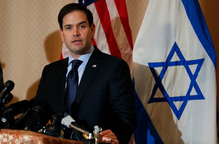 Marco Rubio speaking at a press conference about Israel at a synagogue in West Palm Beach, Florida, March 11, 2106. (Rhona Wise/AFP/Getty Images)