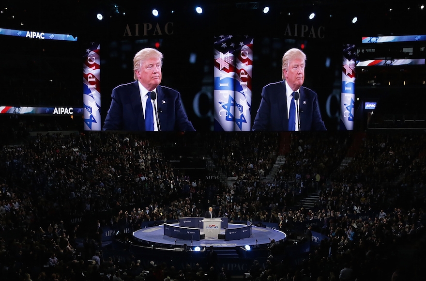 Donald Trump addressing the annual policy conference of the American Israel Public Affairs Committee in Washington, D.C., March 21, 2016. (Alex Wong/Getty Images)