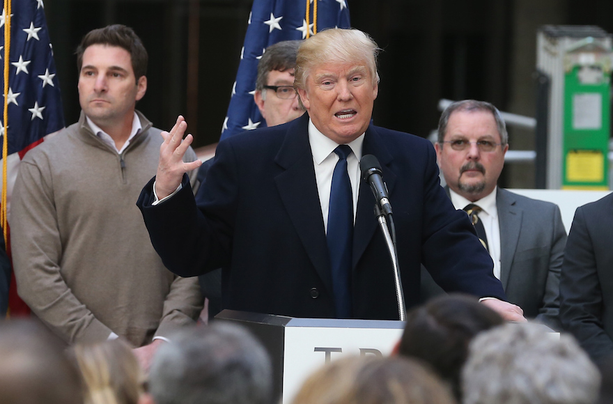Donald Trump speaking to the media at the Trump International Hotel that is currently under construction in Washington, D.C., March 21, 2016. (Mark Wilson/Getty Images)