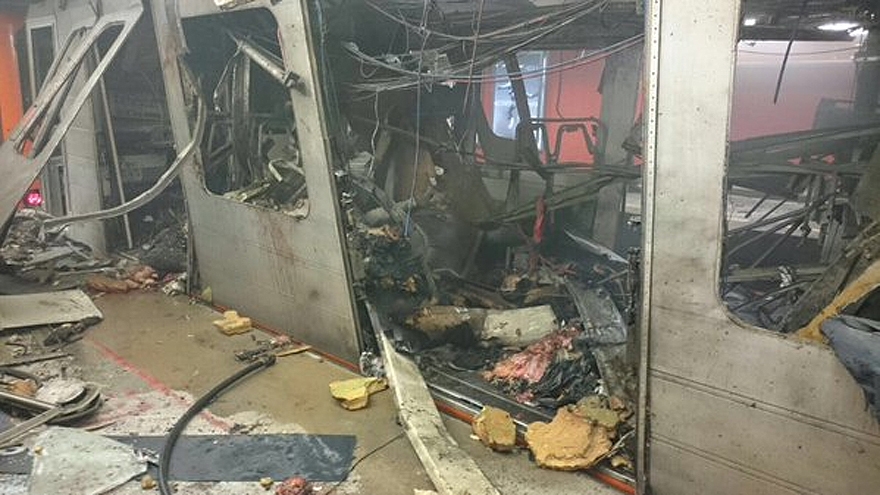 The aftermath of an explosion in a metro train in Brussels on March 22, 2016. Courtesy of Alexandre De Meeter/Twitter.com