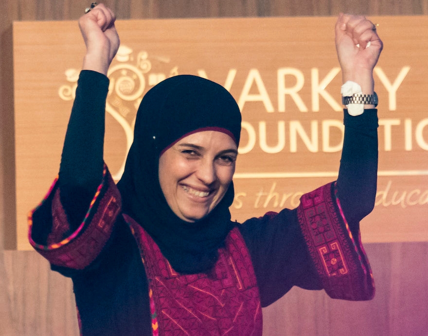 Palestinian teacher Hanan Al Hroub at a ceremony where she received the Varkey Foundation Global Teacher Prize in Dubai, March 13, 2016. (Varkey Foundation)