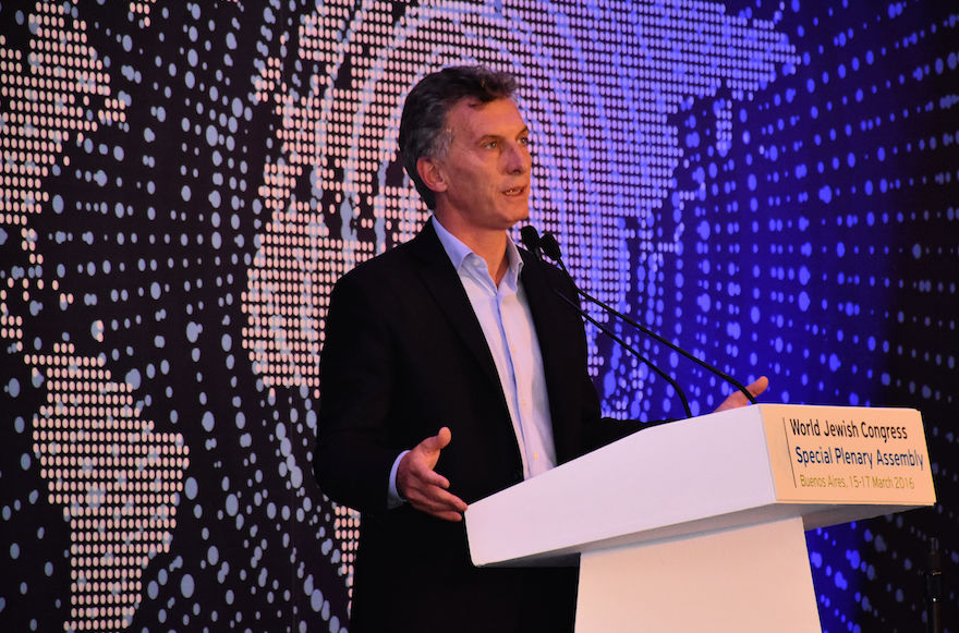 Argentinean President Mauricio Macri addressing delegates of the World Jewish Congress in Buenos Aires, March 15, 2016. (World Jewish Congress)