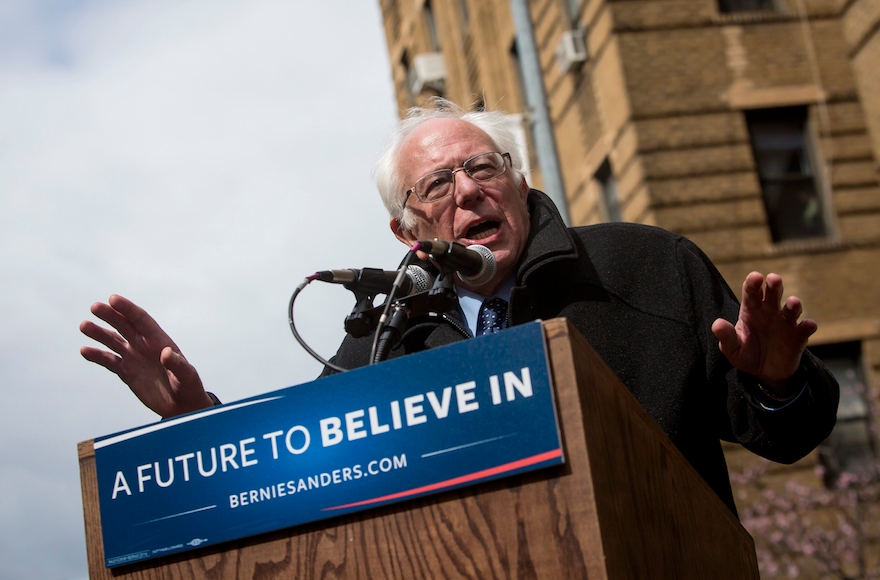 Bernie Sanders holding a rally outside his childhood home in the Flatbush neighborhood of Brooklyn, New York, April 8, 2016. (Eric Thayer/Getty Images)