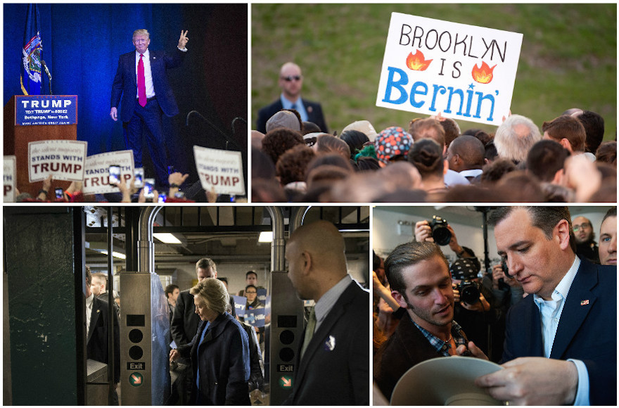 Campaigning in New York, clockwise from left: Donald Trump greeting the crowd in Bethpage, Long Island, April 6, 2016 (Washington Post via Getty Images); a sign at a Bernie Sanders event in Brooklyn, March 31, 2016 (D Dipasupil/WireImage/Getty Images); Ted Cruz signing an autograph in the Bronx, April 6, 2016 (Bryan Thomas/Getty Images); Hillary Clinton swiping a MetroCard at a Bronx subway, April 7, 2016 (Andrew Renneisen/Getty Images).