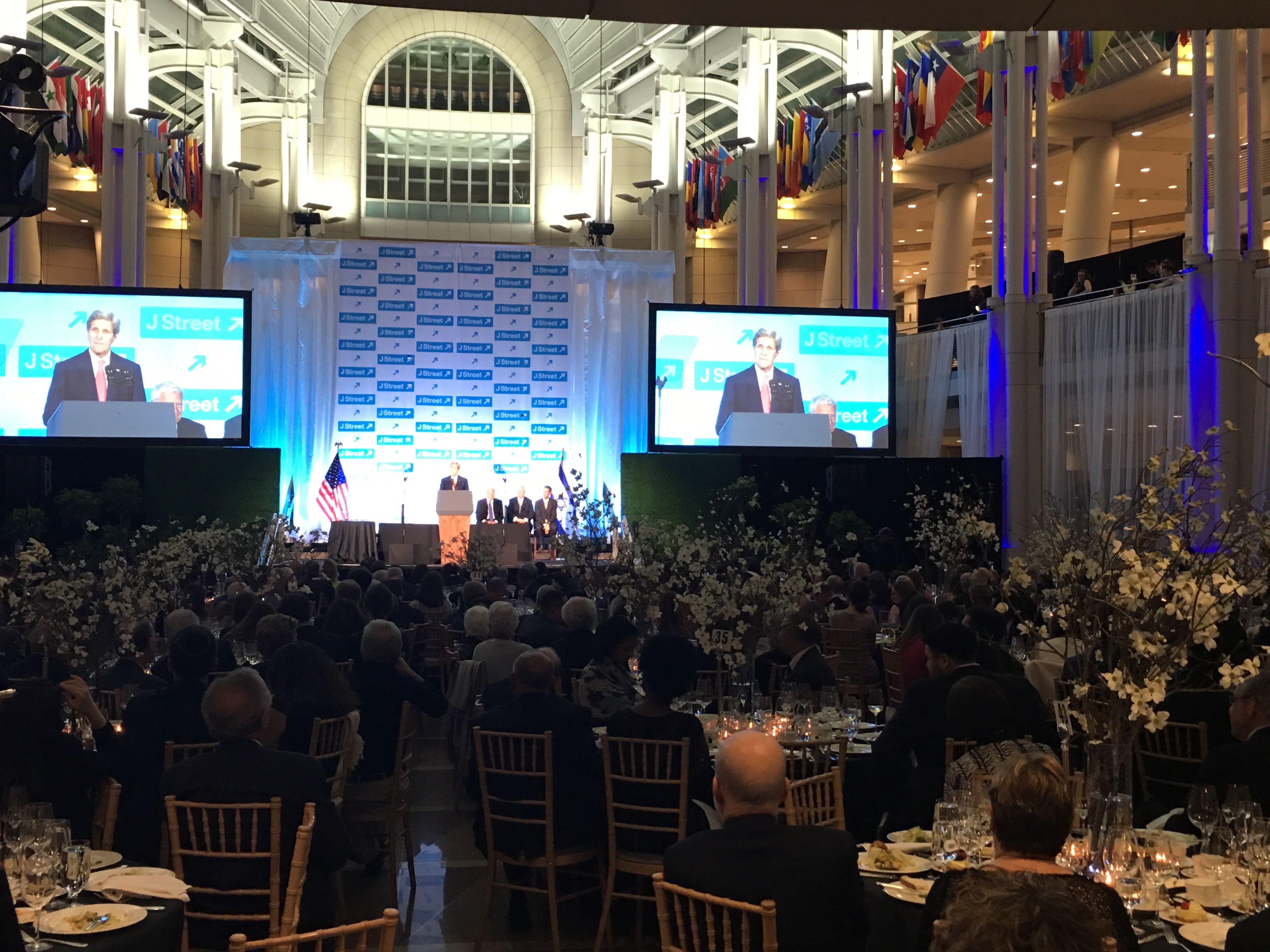 U.S. Secretary of State John Kerry addresses J Street's gala dinner in Washington D.C. on April 18 2016. (Ron Kampeas)