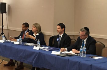 Left to right: Congressional candidates Will Jawondo, Kathleen Matthews, Joel Rubin and David Trone debate at the Kemp Mill synagogue in Silver Spring, Maryland at an event convened by the Orthodox Union, April 8, 2016. (Ron Kampeas)