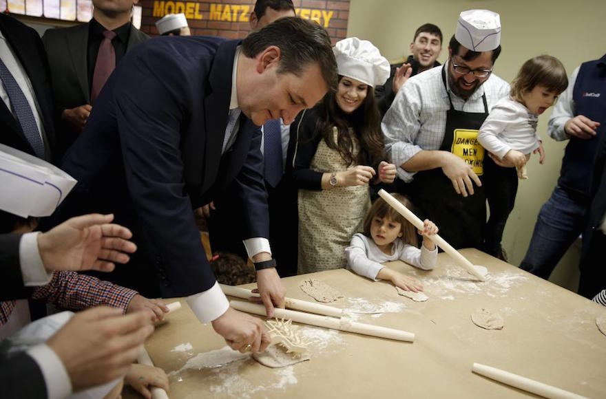 Sen. Ted Cruz, R-Texas, making matzah with children at the Model Matzah Bakery in Brooklyn, New York, April 7, 2016. (Twitter)