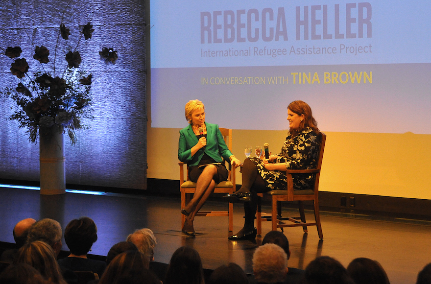 Publisher Tina Brown, left, interviewing Rebecca Heller, co-founder and director of the International Refugee Assistance Project, at an event in New York honoring Heller as the 2015 recipient of The Charles Bronfman Prize, April 4, 2016. (Bill Stanton)