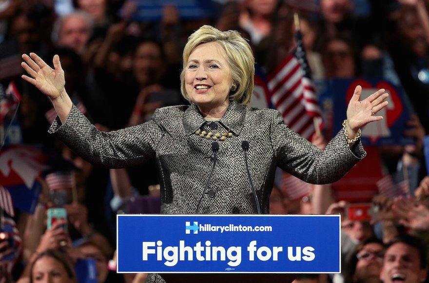 Democratic presidential candidate and former U.S. Secretary of State Hillary Clinton speaking at a primary night campaign event in Philadelhia, April 26, 2016. (Win McNamee/Getty Images)