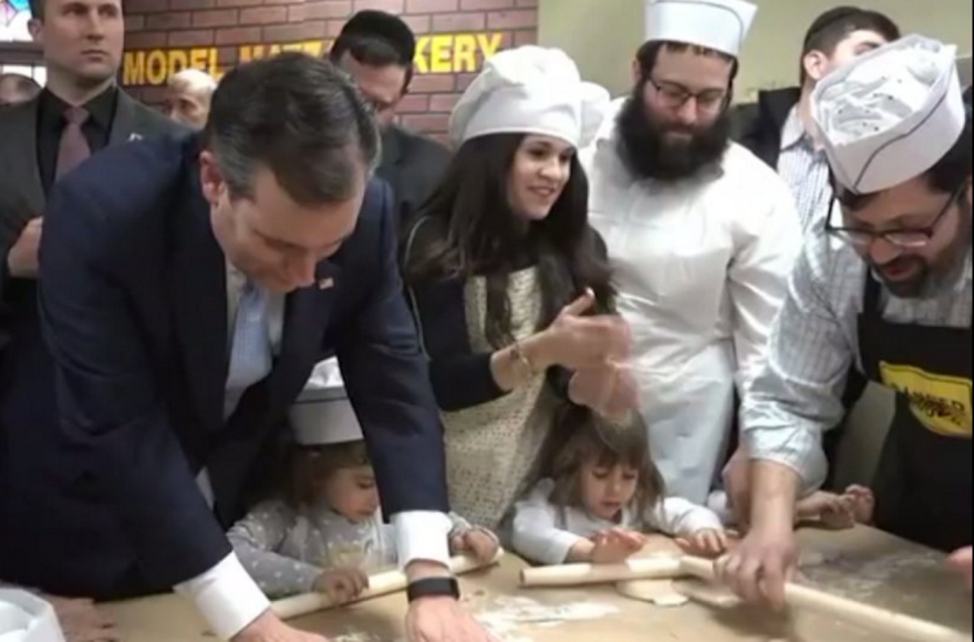 Ted Cruz, left, at a matzah factory in Brighton Beach, Brooklyn, April 7, 2016. (Screenshot from Twitter)