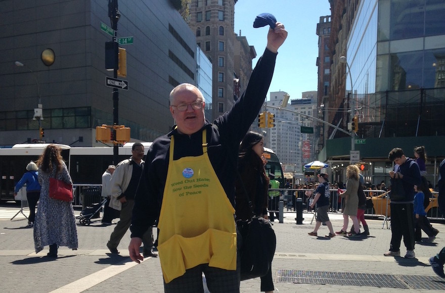 Marc Daniels selling his kippahs at a Bernie Sanders event in Union Square in lower Manhattan, New York, April 16 2016. (Courtesy of Marc Daniels)