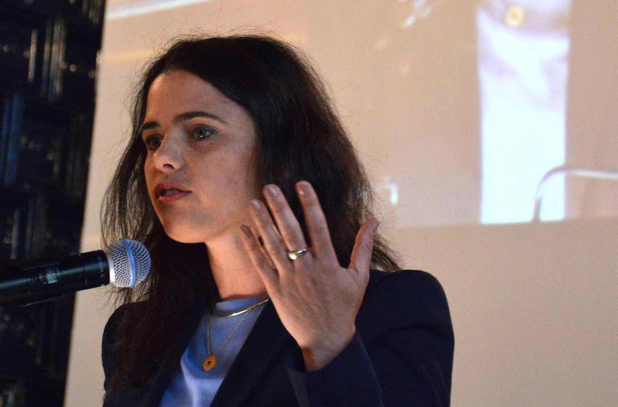 Israeli Justice Minister Ayelet Shaked addressing a symposium on the eve of Israel's Holocaust Remembrance Day in Krakow, Poland, May 4, 2016. (Courtesy of the symposium)