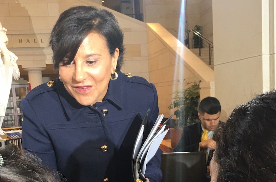 Penny Pritzker, the U.S. commerce secretary, mingling at event commemorating the Holocaust in the Capitol building in Washington, D.C., May 5, 2016. (Ron Kampeas)