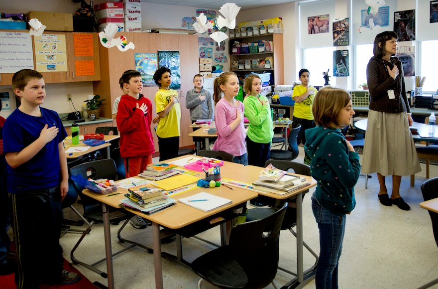 Students at an elementary school in South Portland, Me., reciting the Pledge of Allegiance, March 25, 2015. (Gabe Souza/Portland Press Herald via Getty Images)