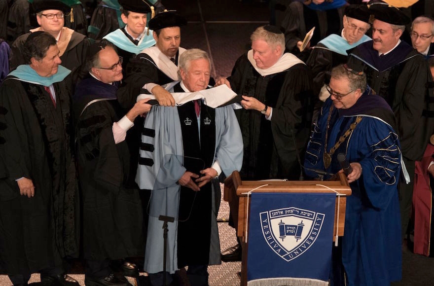 Robert Kraft being "hooded" at the Yeshiva University commencement in New York City, May 26, 2016. (Adena Stevens/Yeshiva University)