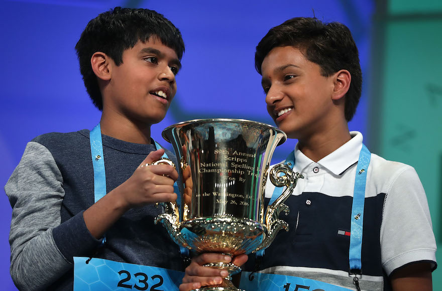 Nihar Janga, left, and Jairam Hathwar are co-champions of the 2016 Scripps National Spelling Bee held in National Harbor, Maryland. (Alex Wong/Getty Images)