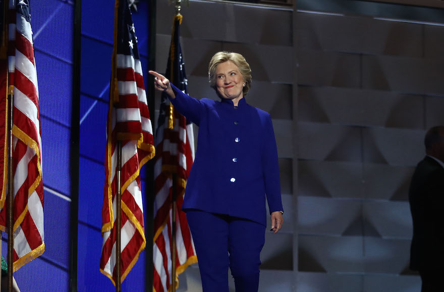 Hillary Clinton arriving on stage during the Democratic National Convention in Philadelphia, July 27, 2016. (Andrew Harrer/Bloomberg/Getty Images)