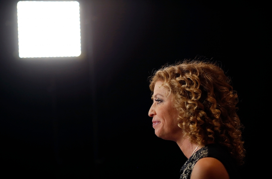 Debbie Wasserman Schultz sitting for an interview in the spin room inside the Wynn Resorts Ltd. Las Vegas resort and casino before the first Democratic presidential debate in Las Vegas, Oct. 13, 2015. (Luke Sharrett/Bloomberg via Getty Images)