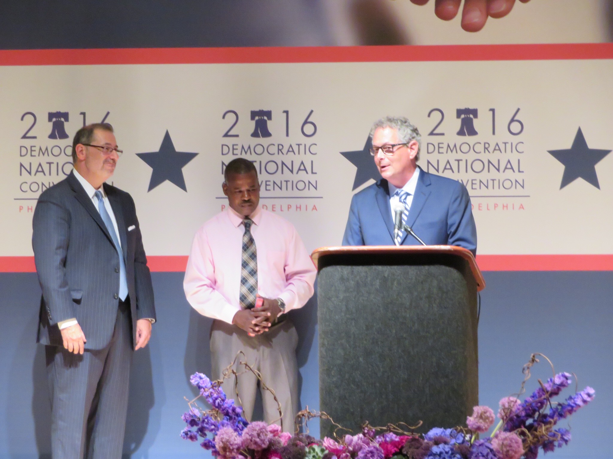 Rabbi Jack Moline (right) joins Rev. James Forbes (left) and Imam Suetwedien Muhammad at an interfaith gathering on Sunday July 23 2016 on the eve of the Democratic National Committee in Philadelphia (Ron Kampeas)