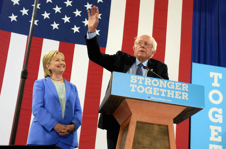 Bernie Sanders introducing presumptive Democratic presidential nominee Hillary Clinton at a rally in Portsmouth, New Hampshire, July 12, 2016.(Darren McCollester/Getty Images)