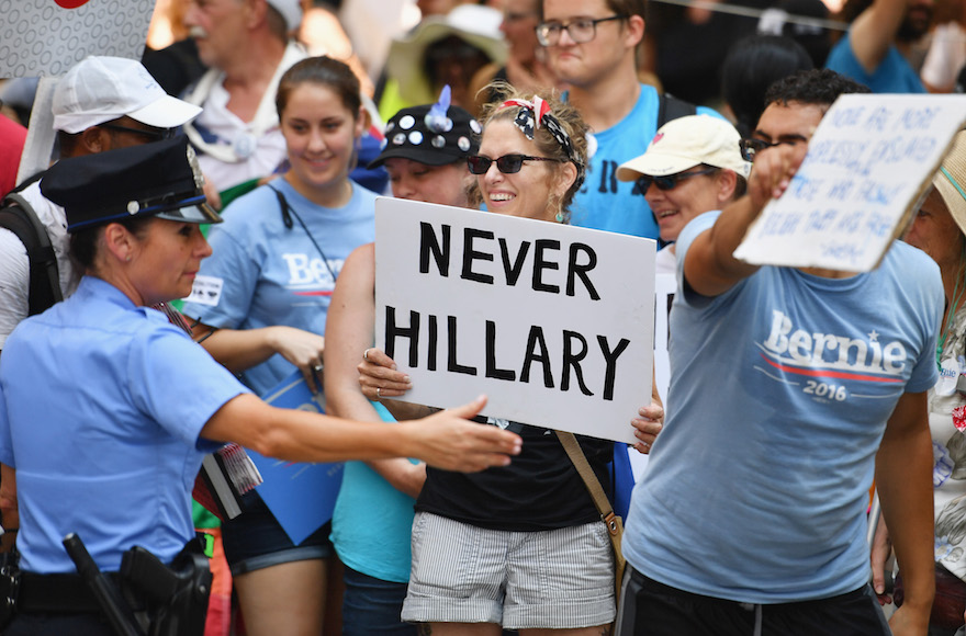 Bernie Sanders supporters gathering at City Hall in downtown Philadelphia on the first day of the Democratic National Convention, July 25, 2016. (Jeff J Mitchell/Getty Images)