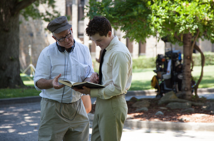 James Schamus, left, and Logan Lerman on the set of 