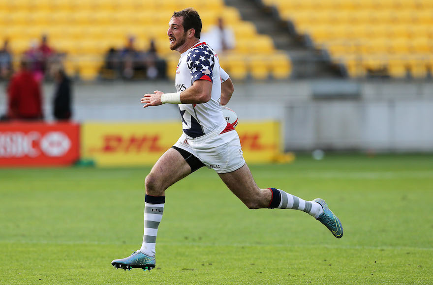 WELLINGTON, NEW ZEALAND - JANUARY 30: Zack Test of USA breaks away for a try during the 2016 Wellington Sevens pool match between France and USA at Westpac Stadium on January 30, 2016 in Wellington, New Zealand. (Photo by Hagen Hopkins/Getty Images)